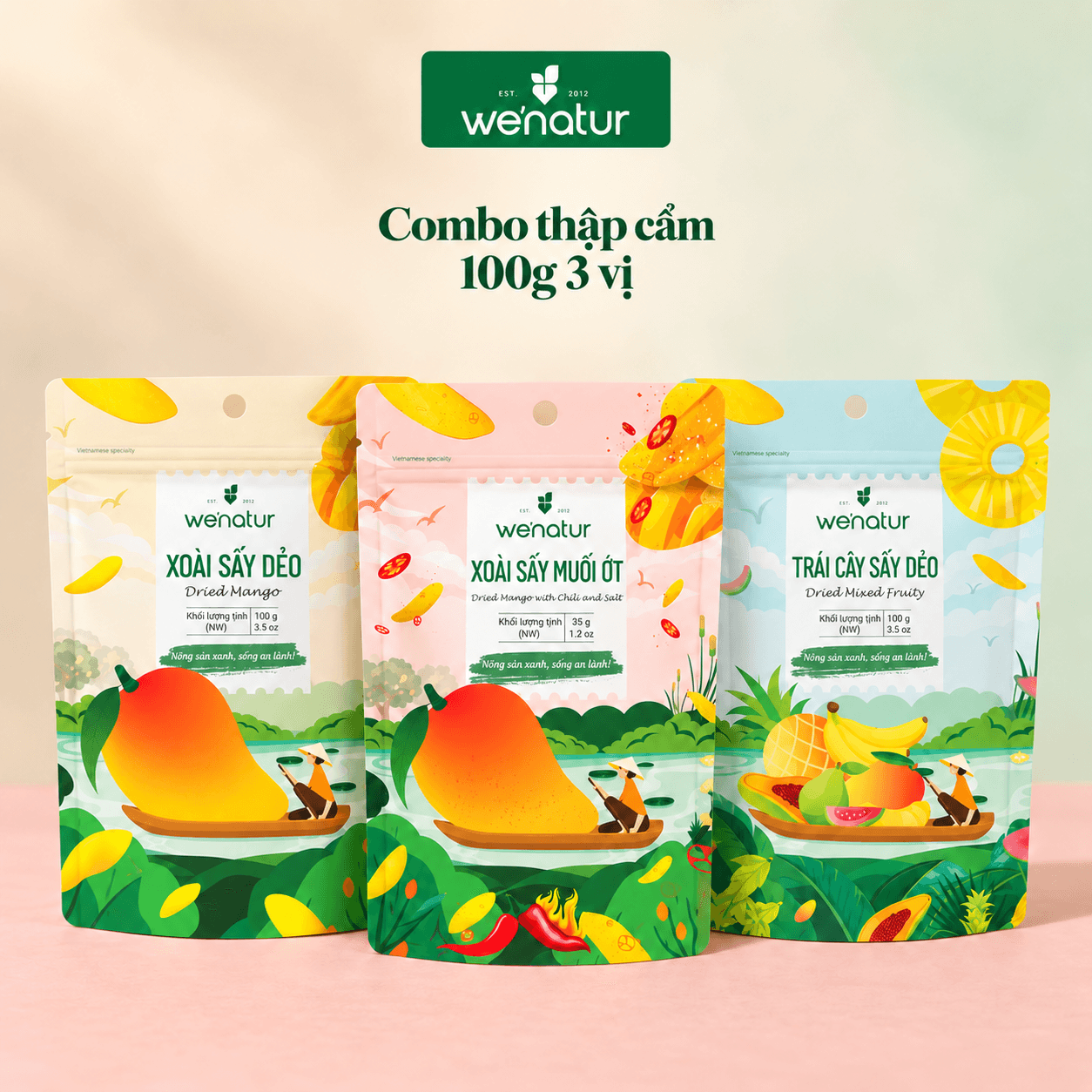 Combo Trái Cây Sấy Dẻo Thập Cẩm 3 Vị we'natur (3 x 100g) - Chua Ngọt Đậm Đà, Dẻo Cay Kích Thích